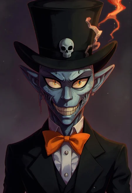 <lora:ck-LttleGhost-000011.safetensors:1> in the style of ck-lttlegh0stA terrifying fusion of two animatronics, one half blue-grey metallic with exaggerated eyes and the other flesh-toned with a sinister grin. The creature wears a black top hat with a white skull emblem, matching black suit jacket, and an orange bow tie that radiates dark energy.