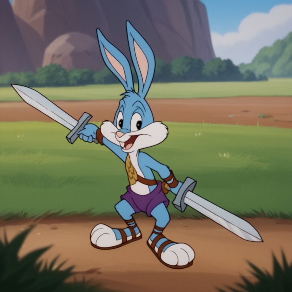 score_9, score_8_up, score_7_up, score_6_up, score_5_up, score_4_up, source_furry, bustertta, anthro, male, bunny, blue fur, buck teeth, outside in a field, holding, sword, gladiator outfit, sandals