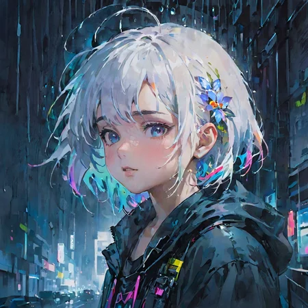 (((masterpiece))),(((best quality))),((ultra-detailed)),(illustration),(dynamic angle),(((night,heavy rain,bloom))),
((floating)),(paint),((disheveled hair)),
(solo), ((little girl,very young,cute face)), ((small_breasts)), (((detailed anima face))),((beautiful detailed face)),collar,upper body,
white hair, ((colorful hair)),((streaked hair)),
beautiful detailed eyes,
((cyberpunk)),cyberpunk city,broken city,neon light,mechanical arm,(((high saturation))),
traditional watercolor painting,<lora:traditional_watercolor_painting:0.7>,