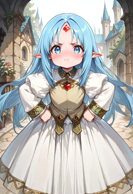 masterpiece, best quality, good quality, very awa, very aesthetic, absurdres, newest, gr4ph1t3, beautiful eyes, perfect eyes, detailed eyes, 1girl, solo, eset_kalar_il ,pointy ears,blue hair,long hair,red gem forehead, cute, looking at viewer, blush, pout, annoyed, full face blush, cheeks puffy cheeks, very cute, hands on hip, leaning foraward, closeup, outdoors, intown, fantasy