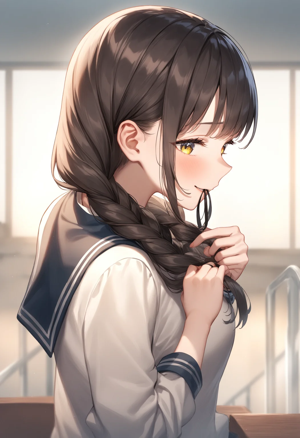 1girl, <lora:sdxl2-flat2-512b:-1>,medium breasts,school uniform,
<lora:braidinghair_XL_v1:0.8>braiding hair,twin braids, hairdressing, holding hair, tying hair, adjusting hair, hair over shoulder, hand in hair, hair tie in mouth,
from side, portrait, looking back, sad smile, stairs, open mouth,
masterpiece, best quality, very aesthetic, absurdres