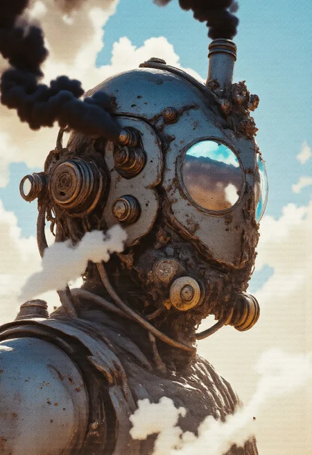 A cpstyle neon-mist Closeup Portrait dmpfm07 Steam powered Steampunk boiler helmet with translucent Glass Visor, worn, Vintage mechanical gauges, technical hoses and wires, armored, sleek, with an small engine that is intricate complex and is emitting black steam, ornate designs reminiscent of vintage machinery rugged, mechanical look, sunlit desert backdrop, smoke and dust, Made of expanding Pixel, glitching, 3d Game Art, dots, voxel style, with reinforced and billowing neon-mist White dust, monochromatic with neon blue color pops, dfmstyle