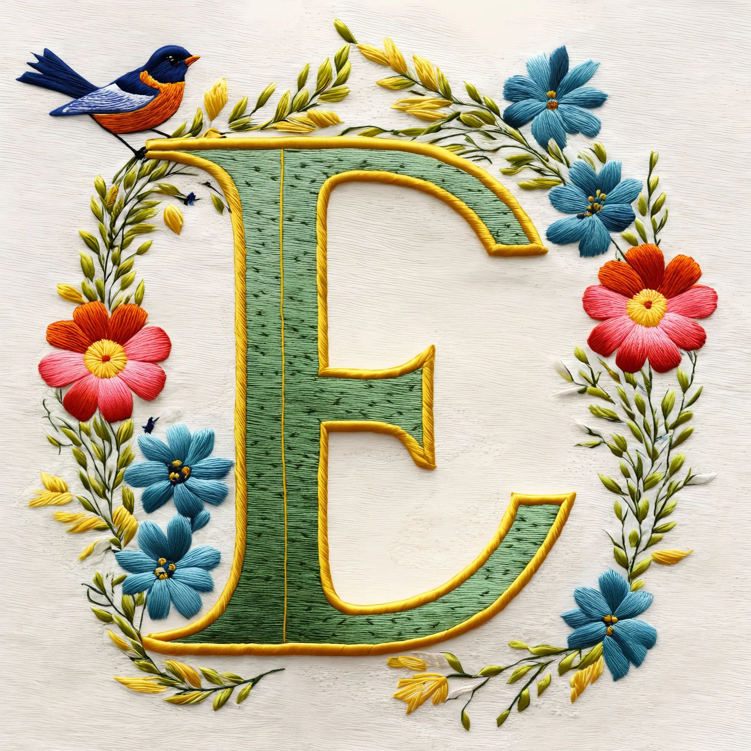 the letter E, surrounded by embroidered flowers and birds <lora:embroidered_style_v1_sdxl:1>