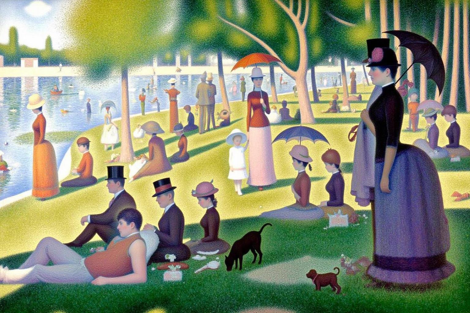 geoseu1 pointillist painting a serene park scene on a sunny afternoon. The composition features a group of elegantly dressed men, women, and children leisurely enjoying the day by a calm river. Figures are arranged in a balanced, geometric manner, some sitting on the grass, others standing or walking with parasols. A woman with a parasol and a small dog stands prominently in the foreground. The vibrant greenery of the park contrasts with the soft blues of the river and sky, while the figures are rendered in precise, colorful dots of paint, creating a harmonious and luminous atmosphere. The overall setting is tranquil, capturing the essence of 19th-century leisure life <lora:geoseu1_cap_d6a3e12:1.0><lora:821050945296263916:0>