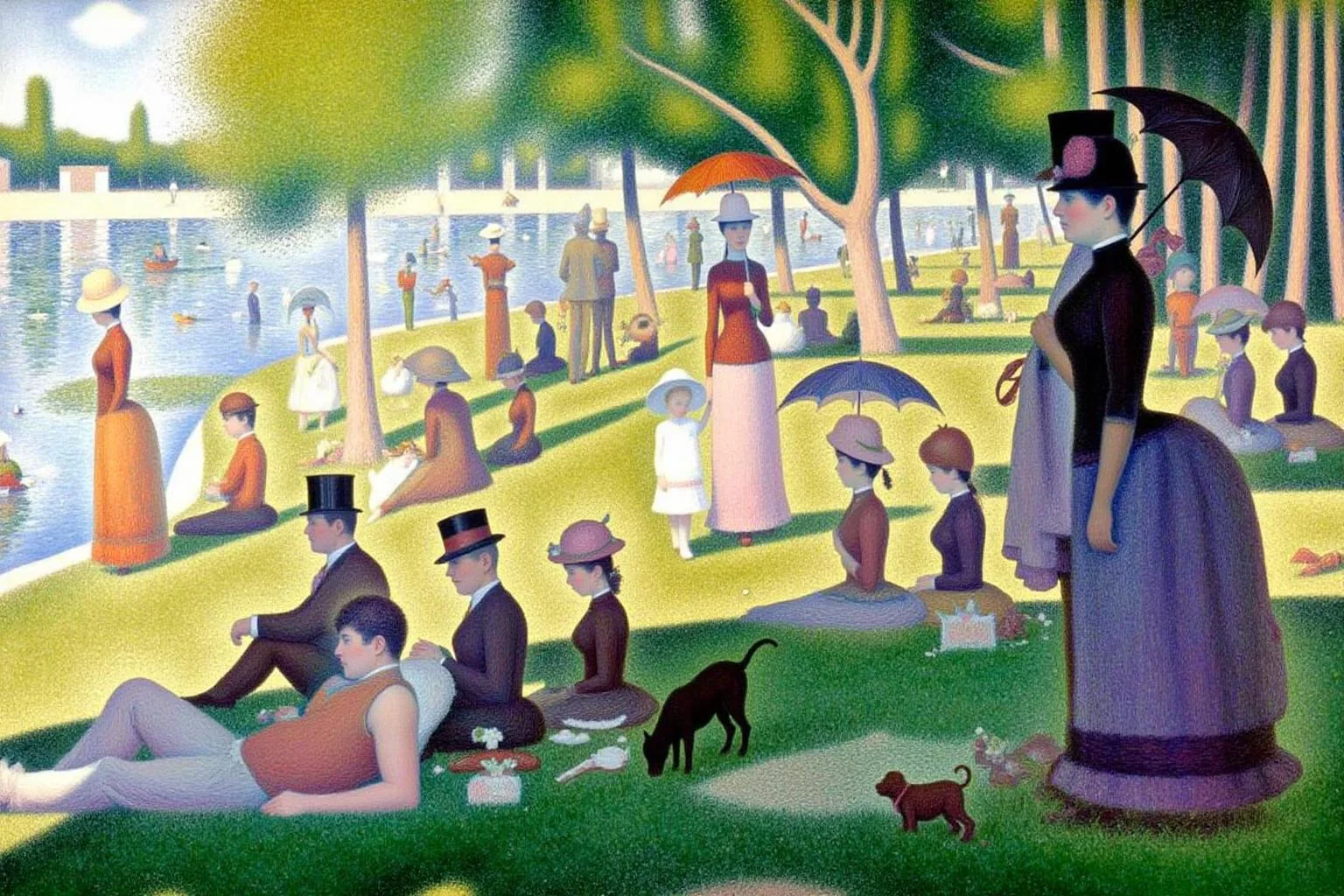 geoseu1 pointillist painting a serene park scene on a sunny afternoon. The composition features a group of elegantly dressed men, women, and children leisurely enjoying the day by a calm river. Figures are arranged in a balanced, geometric manner, some sitting on the grass, others standing or walking with parasols. A woman with a parasol and a small dog stands prominently in the foreground. The vibrant greenery of the park contrasts with the soft blues of the river and sky, while the figures are rendered in precise, colorful dots of paint, creating a harmonious and luminous atmosphere. The overall setting is tranquil, capturing the essence of 19th-century leisure life <lora:geoseu1_cap_d6a3e12:1.0><lora:821050945296263916:0>