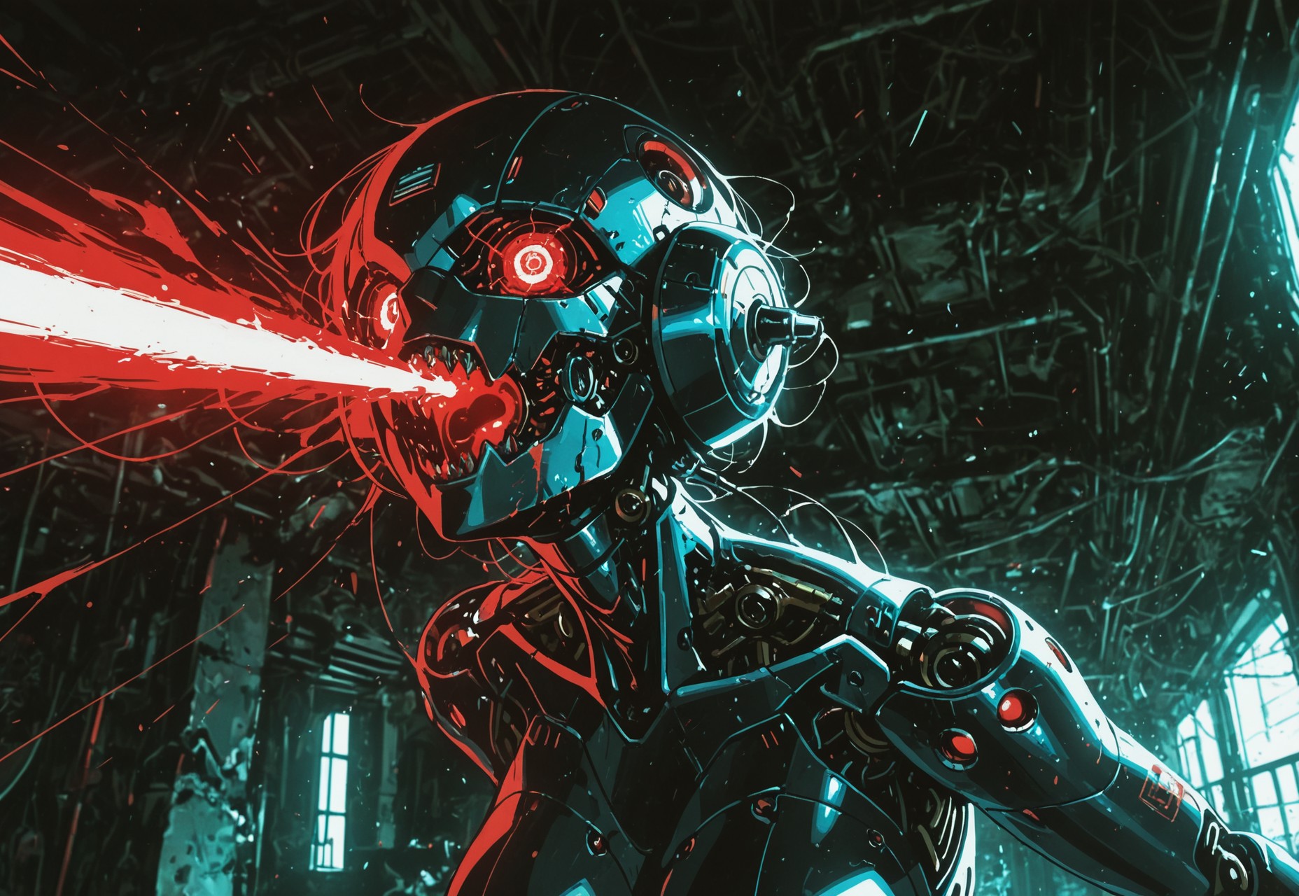 masterpiece, best quality, amazing quality,  high resolution,  robot girl, ((robot body)), robot joints,  large breasts, metal body, glowing red details, rim lighting, portrait,  vintage robot, damaged, robot head, inhuman head, creepy sexy, dangerous,  from angle, small waist, horror, falling apart, abandoned, screaming, mouth laser,  charging energy, firing laser from mouth