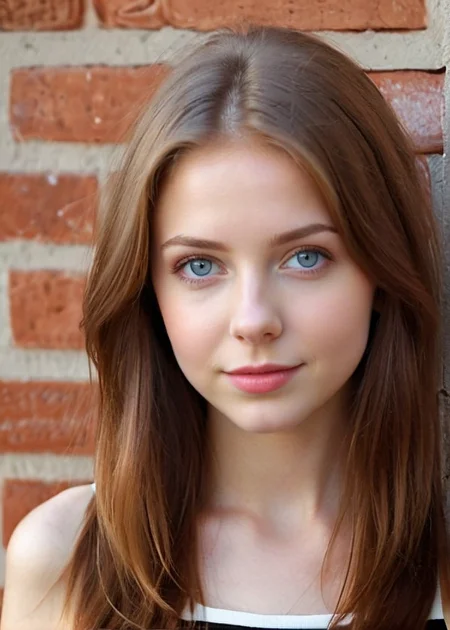 Photo of Klatterina Racketeria, girl posing in front of a brick wall, (detailed beautiful face, detailed, ultra-detailed body:1.1), best quality, photo-realistic, highly detailed, absurdres, cinematic lighting, hyper-realistic, sharp focus, 32k resolution, detailxl, SimplePositiveXLv2