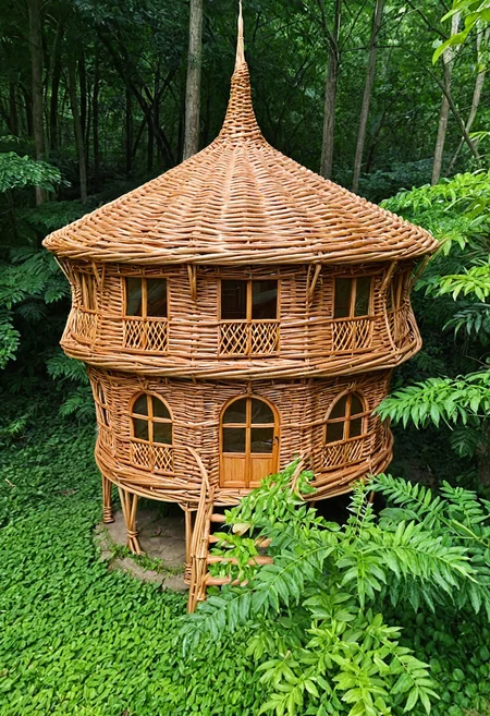 wkrstyle, a wicker house, in dense forest, the house is real size, it reaches up to the leaves of the trees,
