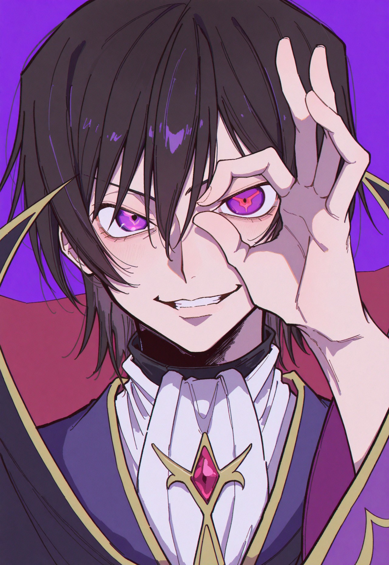 masterpiece, best quality, lelouch_vi_britannia,use geass,one eyed geass, solo, looking_at_viewer, simple_background, 1boy, male_focus, evil_smile, purple_background,ok_sign_over_eye,zhu2357,