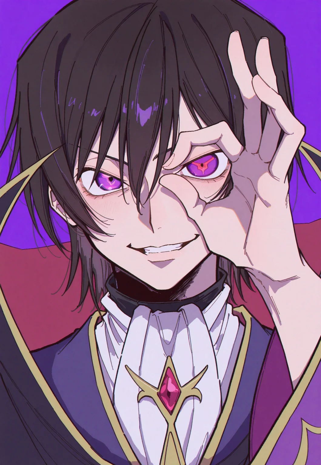 masterpiece, best quality, lelouch_vi_britannia,use geass,one eyed geass, solo, looking_at_viewer, simple_background, 1boy, male_focus, evil_smile, purple_background,ok_sign_over_eye,zhu2357,