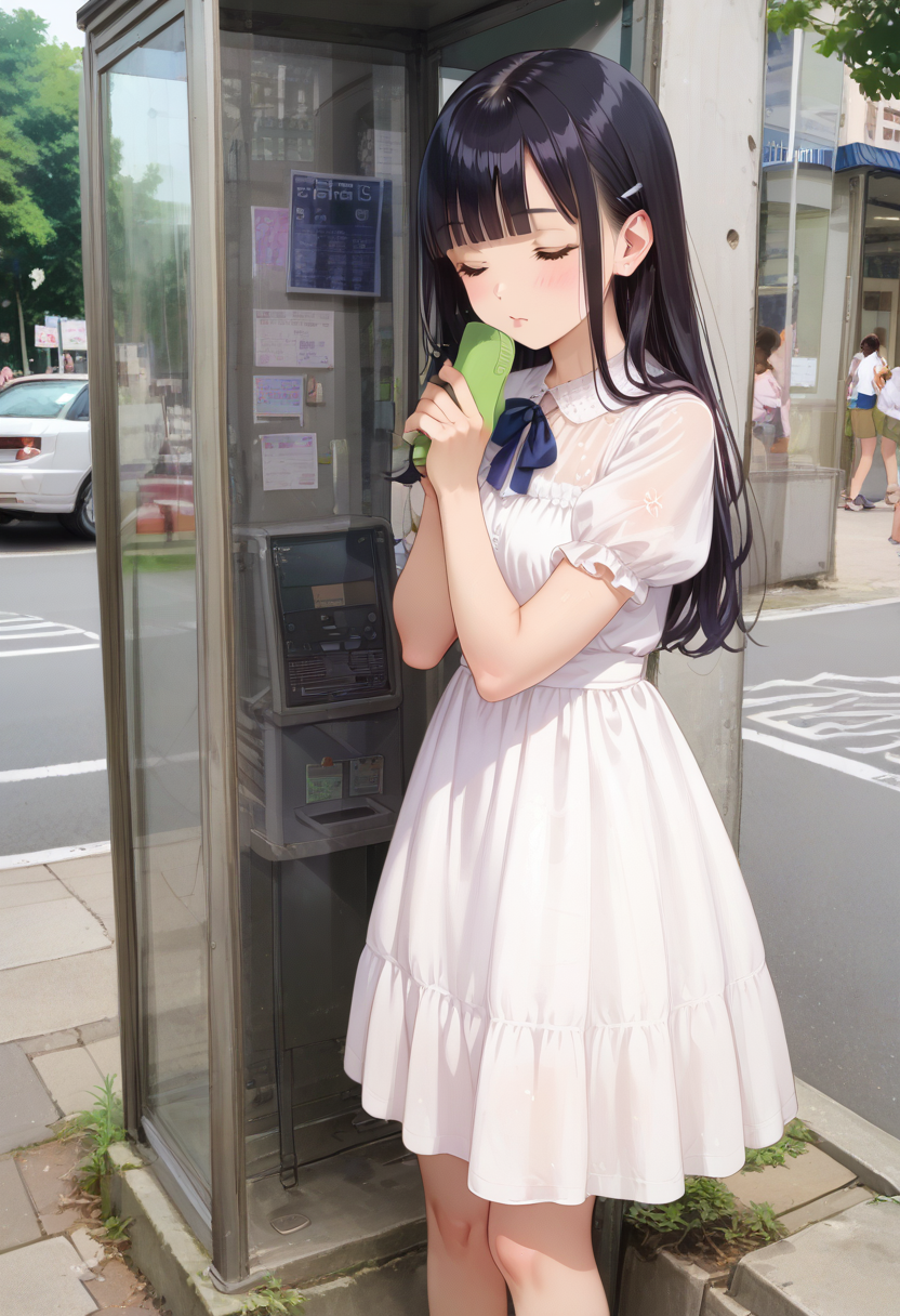 score_9, score_8_up, score_7_up, rating_safe, masterpiece, best quality, absurdres, unity 8k wallpaper, official art, official style, source_anime, uncensored, game cg, megami magazine,
telephone box, 1girl, black hair, phone, realistic, holding, long hair, white dress, holding phone, dress, outdoors, bangs, day, talking on phone, blunt bangs
 <lora:DenwaBoxJP_PONY_V1:1>