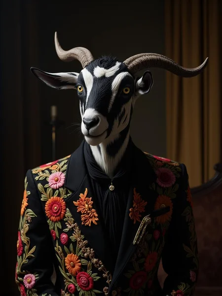<lora:flux-licoricestyle.safetensors:1> made out of Licorice, A fantastical creature with striped, animal-like features, blending the familiar with the exotic.
In a dimly lit room, a striking black-and-white goat with mesmerizing yellow eyes is immortalized on a throw pillow cover. The goat wears an intricately embroidered jacket adorned with floral patterns and warm hues of orange, pink, and red. The camera angle captures the goat from an elevated side view, conveying an aura of confidence and menace. Perfect for adding a touch of dark elegance to your decor.