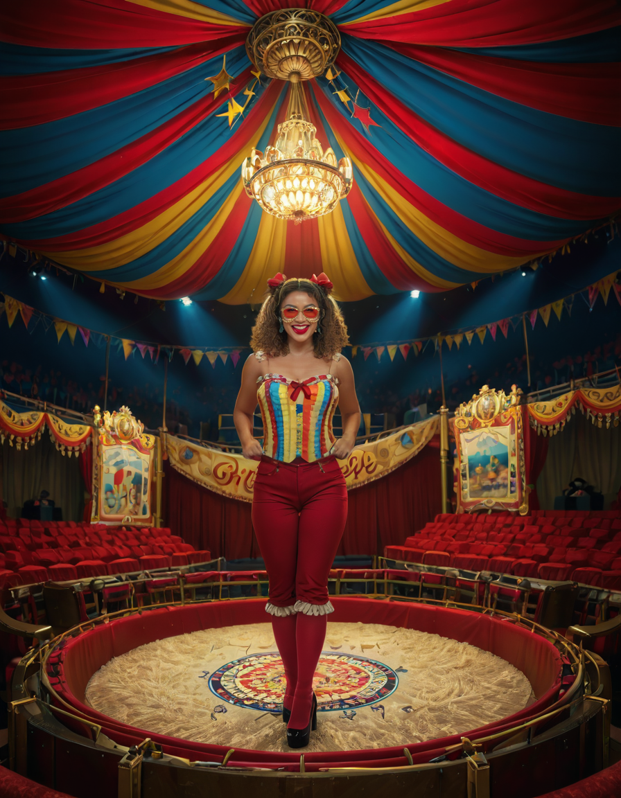 focus on woman face,rating_safe,A vibrant and colorful scene inside a grand circus tent,grand c1rcus, featuring a woman dressed as a whimsical clown. She is wearing an elaborate costume with a mix of bold patternsâred and white stripes, polka dots, and bright yellow accents. Her hair is styled in playful, oversized curls, dyed in shades of blue and pink. She is standing center stage, under a spotlight that casts a warm glow, making her sequined outfit sparkle. Her pose is dynamic and engaging, as if she is about to perform a trick or joke, with a wide, inviting smile. The background showcases the lively atmosphere of the circus, with colorful banners, a large audience in shadowy rows, and hints of other performers or props like juggling pins or unicycles. The overall lighting is bright and cheerful, emphasizing the magical, festive mood of the circus.<lora:SDXLFaeTastic2400:0.4> <lora:extremely_detailed:0.4> extremely detailed, <lora:grand_c1rcus:1>, Masterpiece,best quality,hi res,8k,hi res,8k,award winning,(sharp focus, intricate, highly detailed),