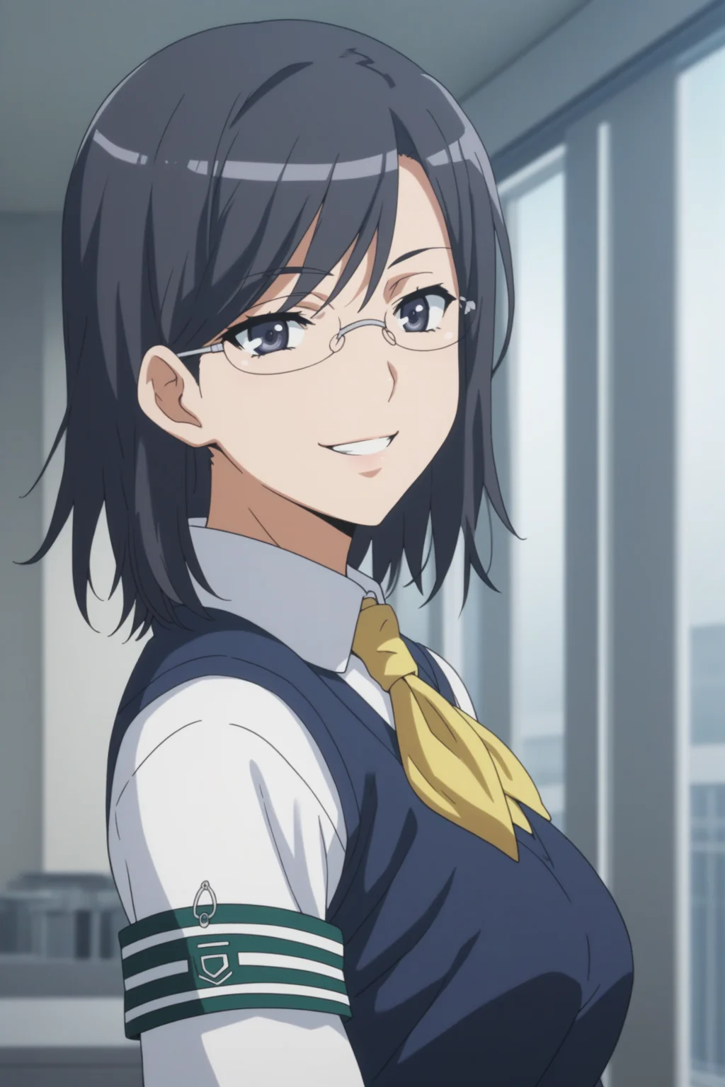 score_9, score_8_up, score_7_up, score_6_up, score_5_up, source_anime, rating_safe, smile, indoors, 1girl, solo, looking at viewer, <lora:age_slider_v4:2>, konori mii, black hair, short hair, black eyes, glasses, konorischool, school uniform, short sleeves, yellow neckerchief, white shirt, collared shirt, armband, blue sweater vest, untucked sweater, grey skirt, pleated skirt, white socks, loafers, <lora:Mii_Konori:0.8>, half closed eyes, (upper body:1.2)