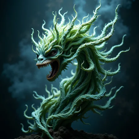 biomorphic female alien plant hybrid with sharp teeth and without eyes, unnatural translucent bioluminescent flora in an extraterrestrial scenery, sci-fi, hyperdetailed, ethereal, magical, mysterious mist, neon, living flower, eerie, soap bubble, wet and slimy