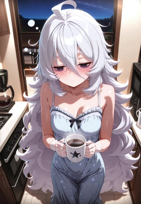 1girl, Shadwo, black eyes, white hair, grey hair, very long hair, messy hair, hair between eyes, ahoge, medium breasts, bags under eyes, masterpiece, best quality, absurdres,
long gown, nightgown, star print, short gloves, lace gloves, large hair bow, frills, ruffles, blush, 
indoors, kitchen, coffee machine,
solo, cowboy shot, [full body], standing, (slouching:1.2), bent back, sleepy, half-closed eyes, empty eyes, holding coffee mug,
intricate, highly detailed, moody