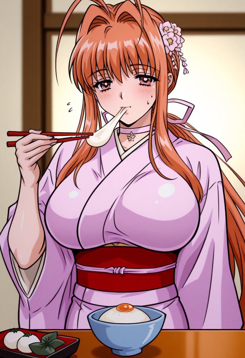masterpiece, best quality, newest, highres, uncensored, 1girl, yokota mamoru style,1girl,
Takeuchi_Himeka OVA2, 1girl, very long hair,Waist Length hair, huge breasts, orange hair, low ponytail, Amber eyes,brown eyes, slim face,Slim,slender face,hair ribbon, choker
kimono, food, chopsticks, mochi, sweatdrop, eating, flower, blush, bowl, new year, wagashi, hair flower, sash, obi