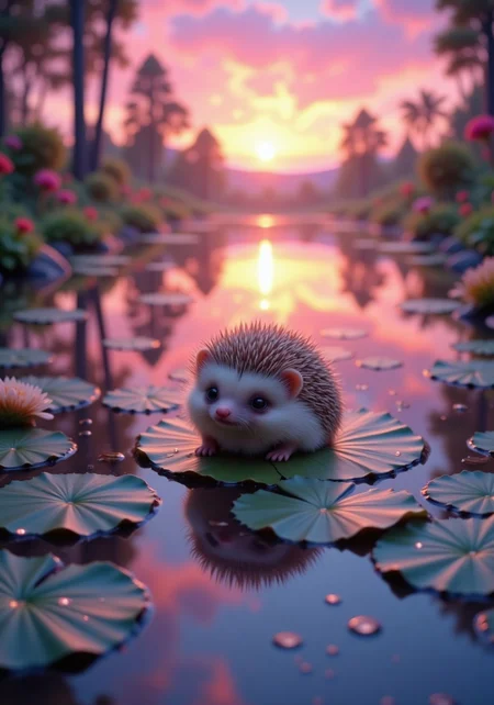 Jeddtlv3, A baby hedgehog, small enough to fit in a teacup, curled up on a single lily pad drifting across a crystal-clear pond. The water reflects the pink and purple hues of a breathtaking sunset sky, while glowing fireflies dance above the water, creating a magical ambiance