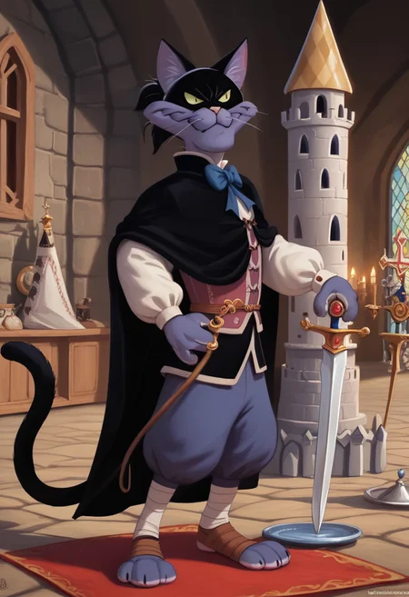 score_9, score_8_up, score_7_up, score_6_up, 1boy, hi_res, Fantomcat, cat, cat tail, cat anthro, Cartoon, detailed background, negative_hand, big eyes, 4fingers, 4k, ultra detailed, focus eyes, long cat legs, (medieval castle:1.4), indoors, standing, full body view, 3/4 side view, holding rapier sword in right hand, angry smile, black cloak