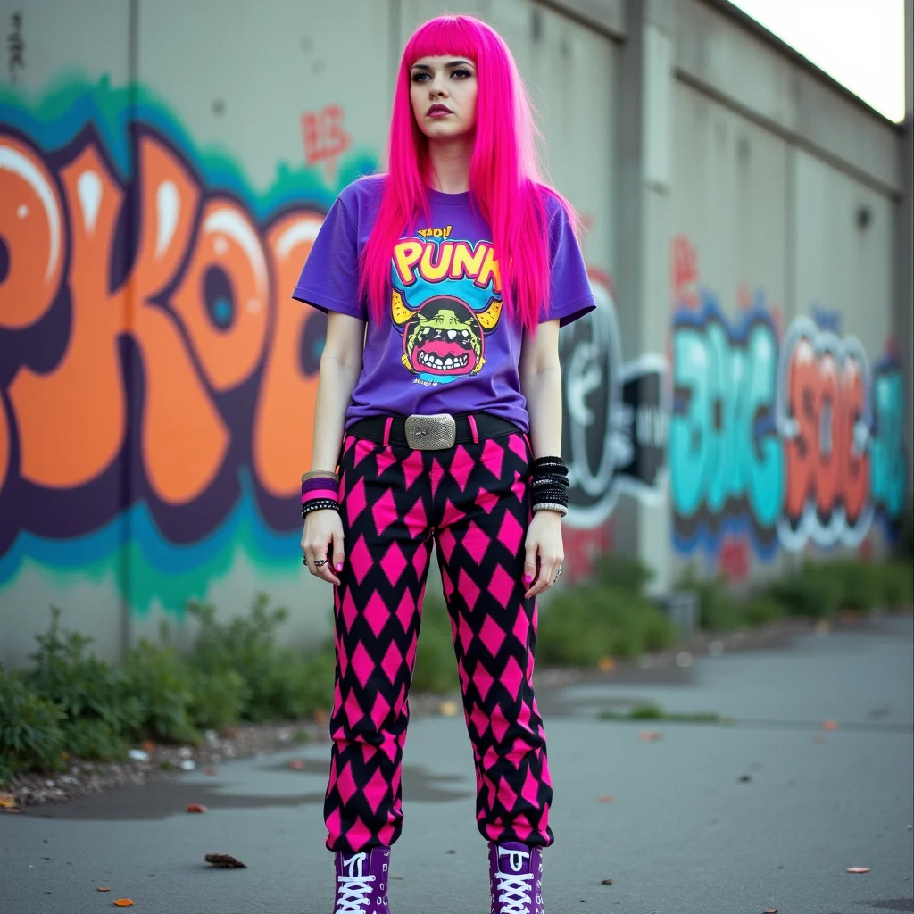 The image is a photograph of a Mexican emo woman standing in an urban outdoor setting, adorned with vibrant and eclectic fashion. She has striking, long, straight, neon pink hair that cascades over her shoulders. Her outfit is equally bold: she wears a purple T-shirt featuring a colorful, retro-inspired graphic design with the word "Punk" in large, bold letters. Her pants are a striking combination of bright pink and black, featuring a diamond pattern that adds a playful, edgy touch. Completing her look are purple high-top sneakers with white accents and a black and pink sneaker logo.
Accessories include a black and pink bracelet on her left wrist, a matching pink and black wristband on her right wrist, and a black and pink belt with a large, silver buckle. Her makeup is bold, with dark eyeliner and bright pink lipstick. The background features a concrete wall covered in colorful graffiti, predominantly in shades of orange, blue, and green, with abstract and stylized designs. The overall aesthetic of the image is a blend of punk and street art, reflecting a youthful, rebellious, and eclectic style. taken with a Yashica T4 on Fujifilm Superia 400 film, is soft and pastel-toned with a ghostly atmosphere. The lighting is flat and cool, creating a washed-out palette that enhances the surrealism of the abandoned setting.
<lora:Emo_girls_-_flux-000014:1> em0g1rls, em0