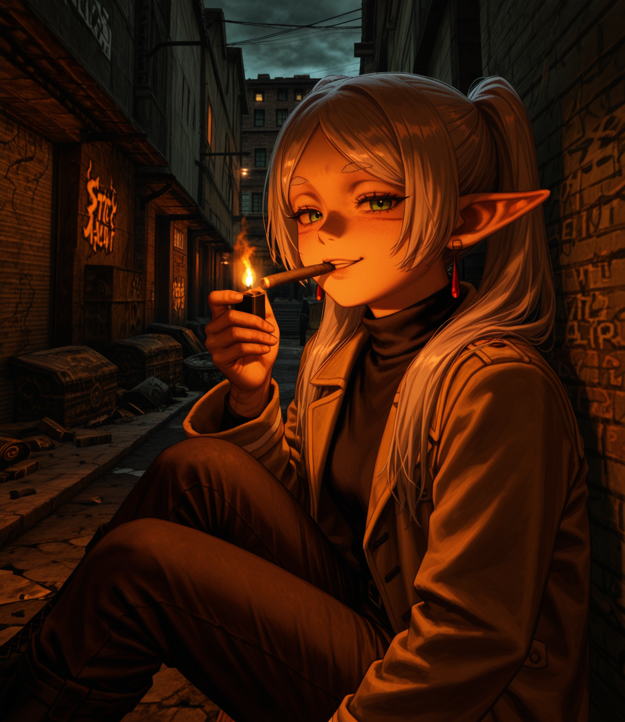 kingpin, realistic, portrait, masterpiece, best quality, amazing quality, very aesthetic, absurdres, newest, portrait, 1girl, frieren, sitting on wooden table, trying to light cigar with lighter, smug expression, covered in blood, visible wrinkles, facial scars, hand scars, worn out brown jacket, black turtleneck, brown pants, chain accessory, black boots, street alley, destroyed alleyway, burning barrels, art deco architecture, shattered glass, graffiti, dark ambient lighting, cinematic light, harsh shadows, high contrast, detailed exterior, cracked pavement, rubble, old signage, fire glow, trash scattered, dramatic atmosphere, gritty urban environment, <lora:Kingpin_-_Life_of_Crime_Style_1.2_ILXL:0.8>, <lora:dmd2_sdxl_4step_lora:1>