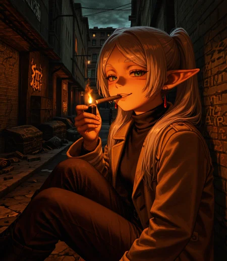 kingpin, realistic, portrait, masterpiece, best quality, amazing quality, very aesthetic, absurdres, newest, portrait, 1girl, frieren, sitting on wooden table, trying to light cigar with lighter, smug expression, covered in blood, visible wrinkles, facial scars, hand scars, worn out brown jacket, black turtleneck, brown pants, chain accessory, black boots, street alley, destroyed alleyway, burning barrels, art deco architecture, shattered glass, graffiti, dark ambient lighting, cinematic light, harsh shadows, high contrast, detailed exterior, cracked pavement, rubble, old signage, fire glow, trash scattered, dramatic atmosphere, gritty urban environment, <lora:Kingpin_-_Life_of_Crime_Style_1.2_ILXL:0.8>, <lora:dmd2_sdxl_4step_lora:1>