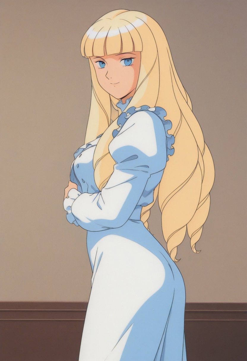 1girl, Kihel, blue_eyes, blonde_hair,blunt_bangs, long_hair, long_dress,frills,puffy_sleeves,middle_breasts,looking at viewer,(detailed face and eyes,shy,smile),(cowboy shot,ass),from side,,close to viewer,bedroom,score_9, score_8_up, score_7_up, source_anime,masterpiece, best quality, retro_artstyle, official art,perfect_anatomy,
