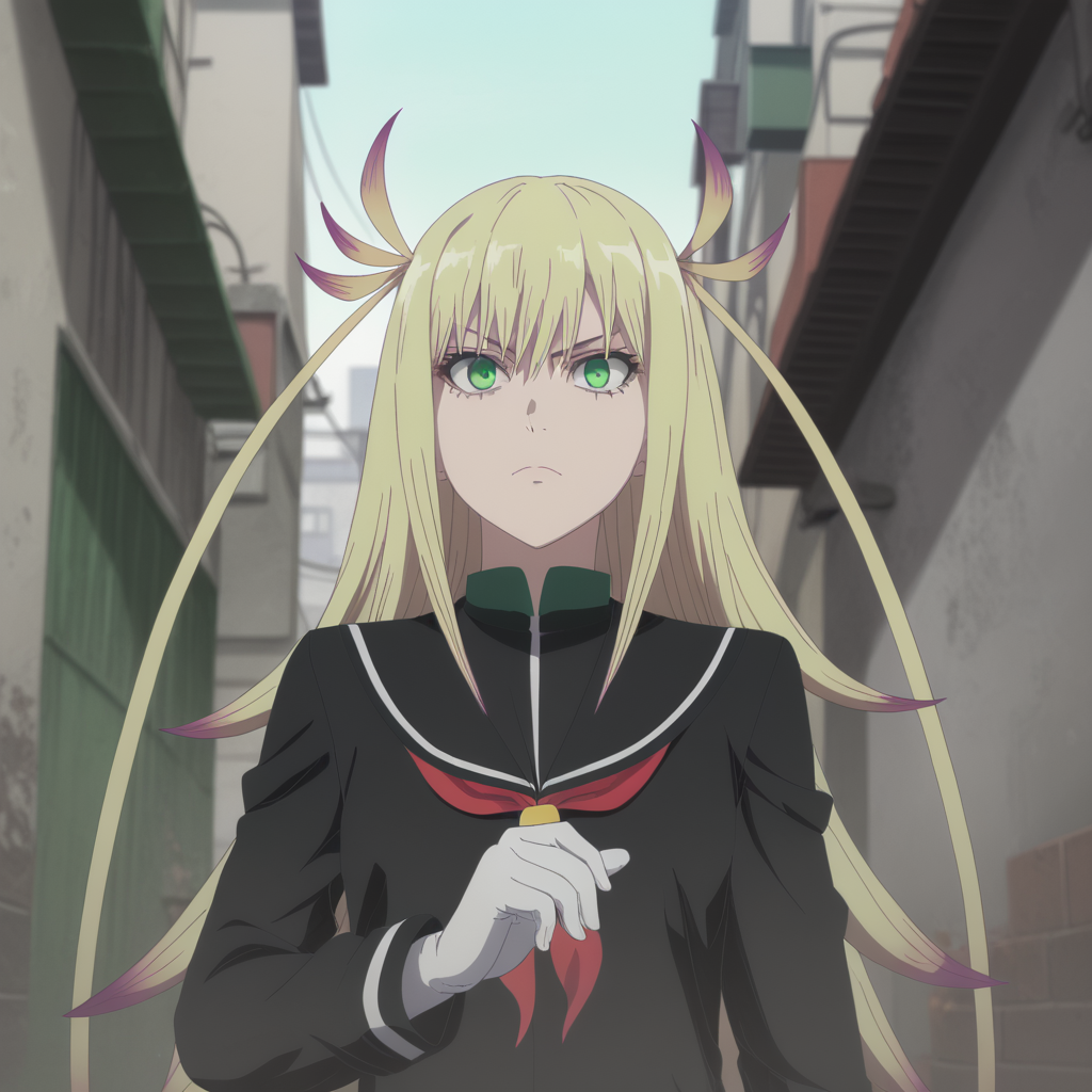 <lora:SlimesKanonIsui:1>, slimes_kanonisui, woman, solo, green eyes, alley background