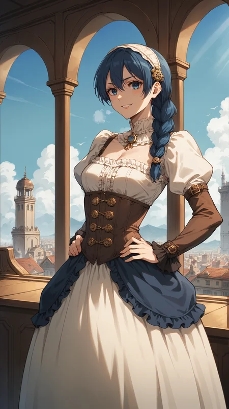 score_9,score_8_up,score_7_up,score_6_up, <lora:xl_more_art-full_v1:0.5>, source_anime, girl, dynamic pose, standing with hands on hips, <lora:Riko Amanai - Pony-000004:0.8>, blue hair, single braid, blue eyes, white hairband, steampunk theme, victorian cityscape, steampunk dress, brass and leather, corset, puffed sleeves, steam-powered contraption, gears and pipes, soft sunlight, gentle smile,