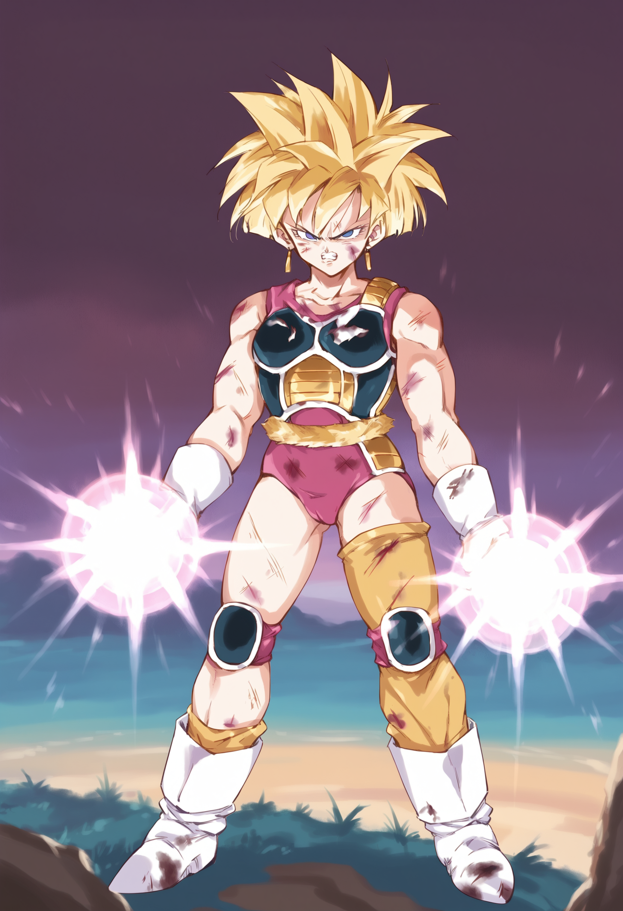 score_9, score_8_up, score_7_up, score_6_up, source_anime, dutch angle,1girl full body,muscular, super sayan <lora:Fasha:1> fasha, Saiyan Armor,  gloves, boots,  serious, short hair, yellow hair, blue eyes, (spiked hair), blonde monkey tail, clenched teeth, angry, dirty face, bruised, torn apart cloth BREAK  energy ball in hand, (sideview:0.7), grand canyon in background, dark sky