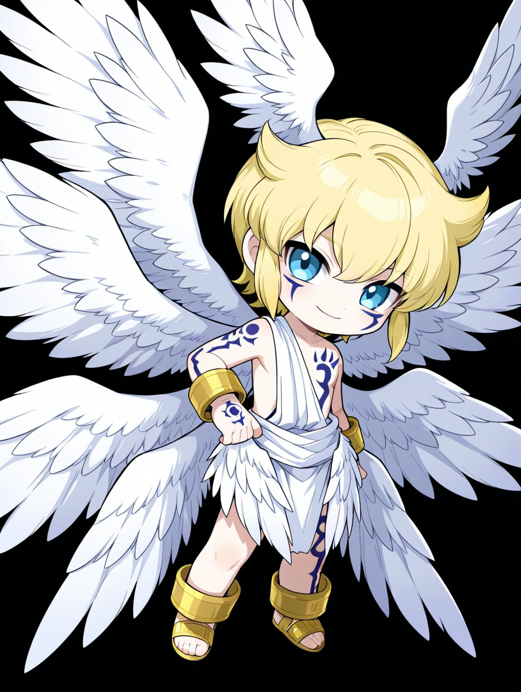 Lucemon,wings,multiple wings,blonde hair,solo,1boy,blue eyes,chibi,male focus,angel wings,black background,feathered wings,simple background,full body,angel,tattoo,head wings,smile,white wings,<lora:Lucemon:0.8>,, masterpiece,best quality,amazing quality,