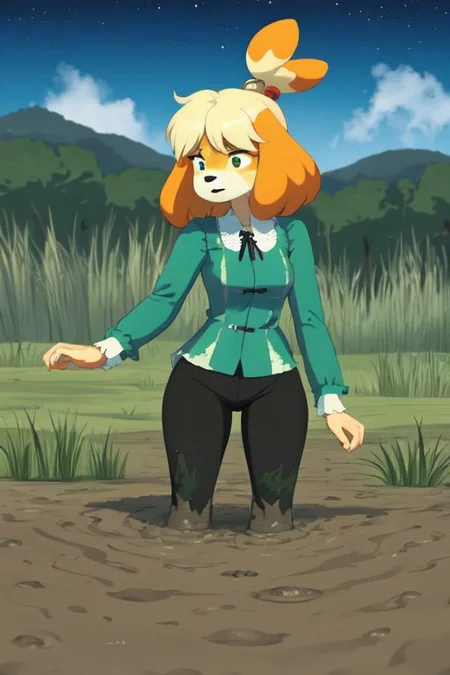 isabelle \(animal crossing\), (masterpiece, best quality:1.15), 1girl, solo, large breasts, high cheekbones, thick eyebrows, small mouth, looking to the side, leaning forward, adjusting clothes, tight leggings, green crop top shirt, starry nights, long hair, twin short braids, scared, partially submerged, struggling, farmland bog, quicksand, worried, sinking