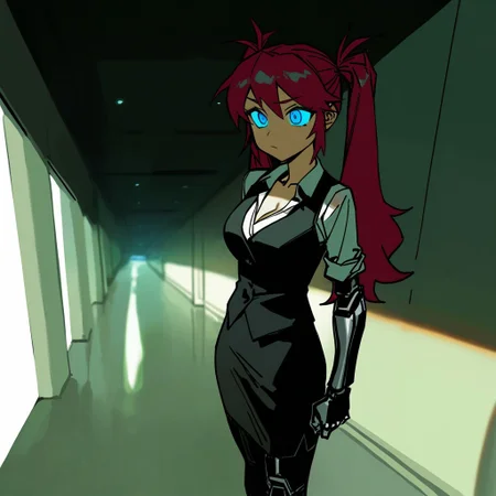artist:ciloranko,artist:modare,artist:diyokama, best quality, amazing quality, very aesthetic, absurdres, best quality, masterpiece, newest, 1girl, twin ponytails, mauve hair, blue eyes, glowing eyes, mechanical arms, mechanical legs, prosthetic limbs, waistcoat, cleavage, medium breasts, medium skirt, far shot, wideshot, futuristic space station hallway,
