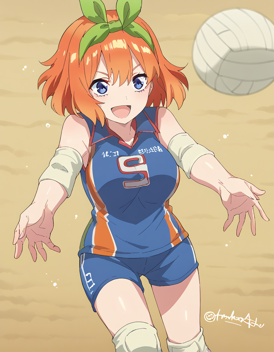 score_9, score_8_up, score_7_up, source_anime, <lora:yotsuba-nakano-s2-ponyxl-lora-nochekaiser:1>, yotsuba nakano, bangs, short hair, blue eyes, hair between eyes, hair ribbon, hairband, orange hair, green ribbon, large breasts,, <lora:bump-volleyball-ponyxl-lora-nochekaiser:1> bump volleyball, bump (volleyball), volleyball, volleyball (object), outstretched arms, own hands together, clenched hands, open mouth, smile,, <lora:volleyball-uniform-ponyxl-lora-nochekaiser:1> volleyball uniform, sportswear, elbow pads, elbow sleeve, knee pads, sleeveless, shorts, short shorts,, cowboy shot,
