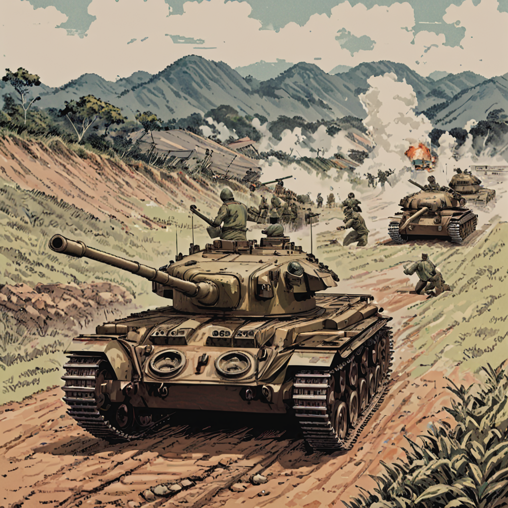 In the rugged terrain of the Korean Peninsula, a cntrntnk tank of the Royal Australian Armoured Corps supports infantry units during a key battle of the Korean War  ((pulp_comic, heavy_lines, hand_drawn, hand_inked, hand_colored, perfect_face, apxlz))