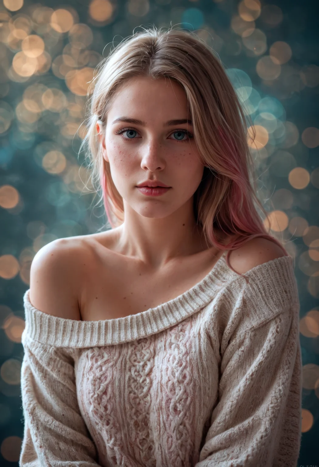score_9, score_8_up, score_7_up, (masterpiece, best quality, ultra-detailed, realistic), 1girl,mysterious girl with freckles,an exotic girl in off-shoulder sweater,fading backlit background,pastel colors,alluring goddess,amazing depth,double exposure,surreal,geometric patterns,intricately detailed,bokeh,perfect balanced,deep fine borders,artistic photorealism,smooth