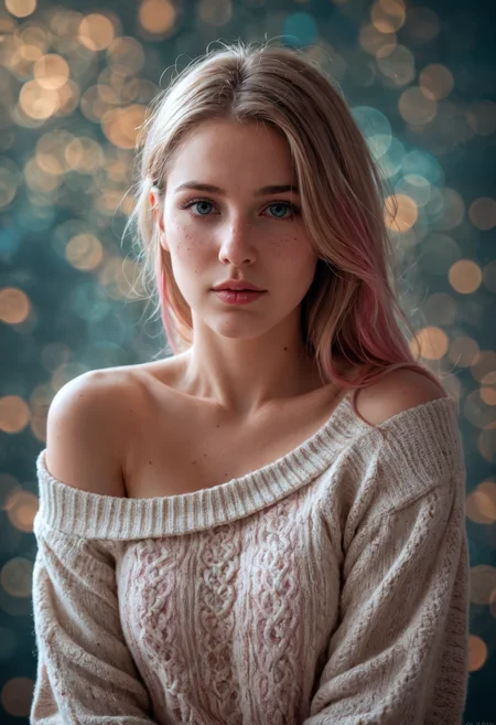 score_9, score_8_up, score_7_up, (masterpiece, best quality, ultra-detailed, realistic), 1girl,mysterious girl with freckles,an exotic girl in off-shoulder sweater,fading backlit background,pastel colors,alluring goddess,amazing depth,double exposure,surreal,geometric patterns,intricately detailed,bokeh,perfect balanced,deep fine borders,artistic photorealism,smooth