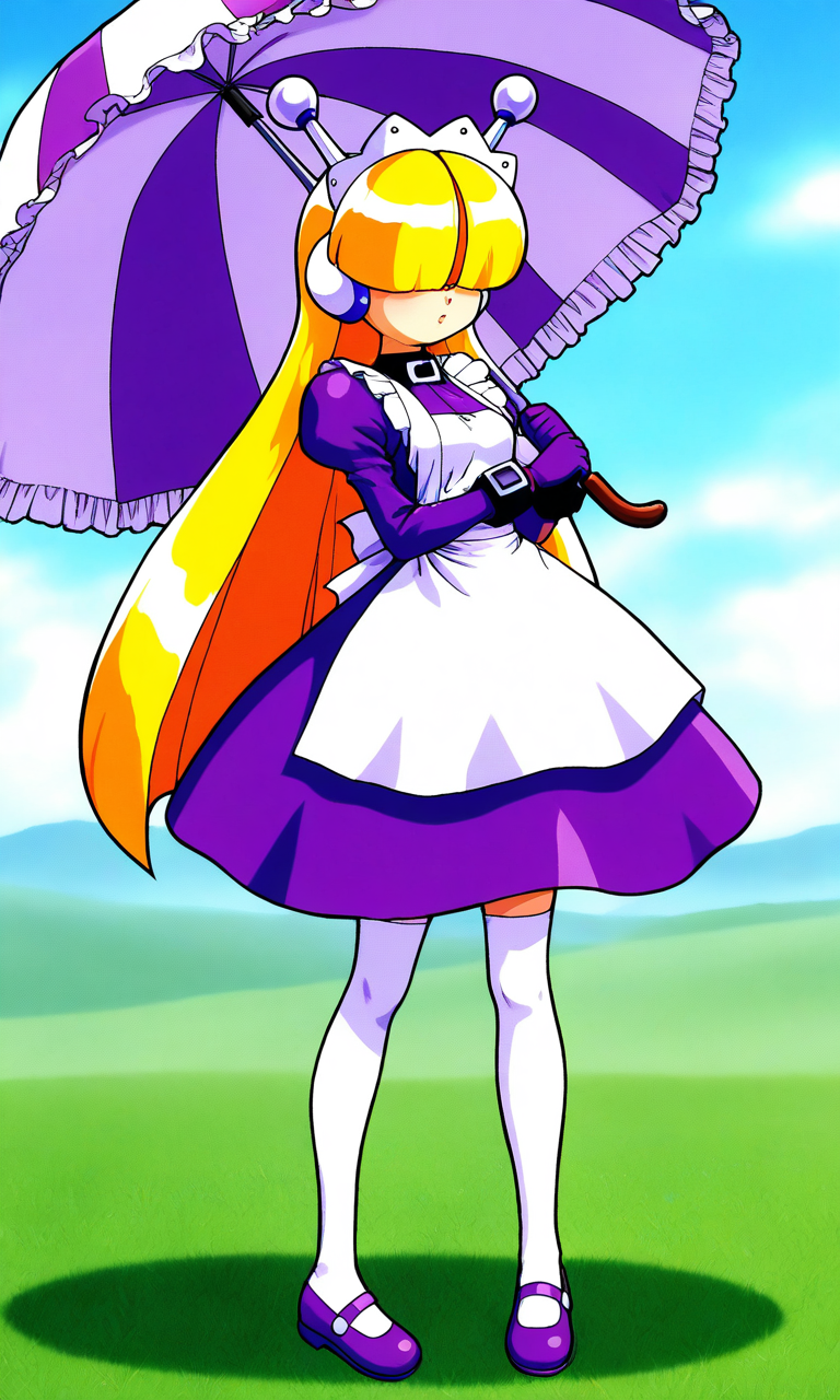 general,highres, ultra-detailed,very aesthetic,best quality ,best hands, BREAK <lora:Tesse_Lombrozo_WakuWaku7_Ver2.1_IS:1>
Tesse_Lombrozo, 1girl, solo, very long hair, blonde hair, hair over eyes, robot ears, maid headdress, small breasts,
maid, purple dress, long sleeves, puffy sleeves, white apron, hime cut, maid apron, 
bangs, juliet sleeves, thighhighs, mary janes, android, shoes, purple gloves,
purple and white striped umbrella, frill umbrella, 
grass, sky,