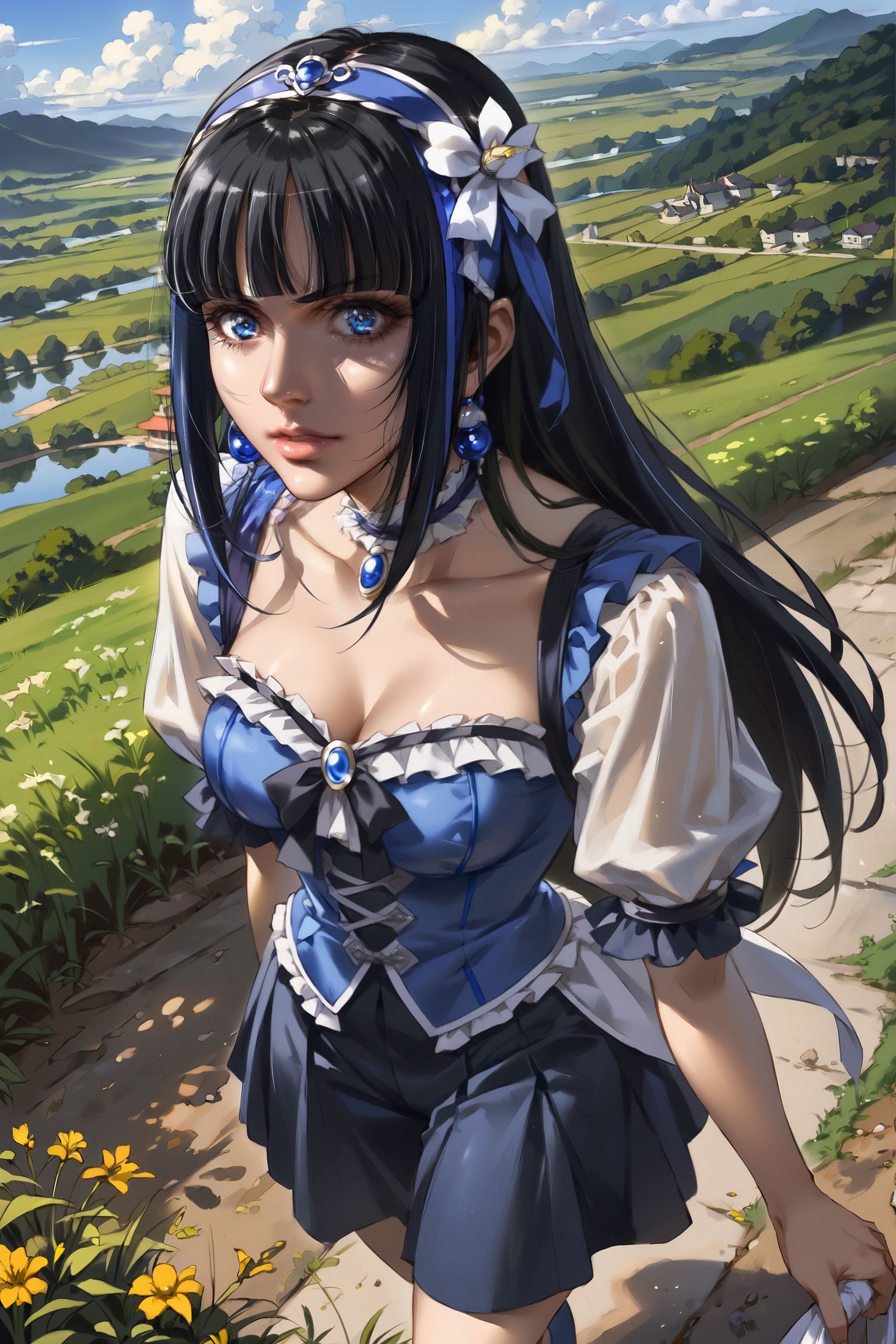 score_9_up, score_8_up, score_7_up, best quality, ultra highres, Casual, glossy highlights, detailed, detailed background,
1girl, scenery, grass, hills, (from above:1.5), dirt roads, fisheye,
BREAK
fences
BREAK
1girl, black hair, straight hair, very long hair, straight fringe, (dynamic hair:1.2), blue eyes, (cure_sunshine_(cosplay):1.4)
 <lora:incase---1:0.3> <lora:Hyung_Tae_Kim_Style_BladeSoul_for_Pony:0.8> htk_style, anime illustration  <lora:Momono_sukebe_StylePony:0.6>