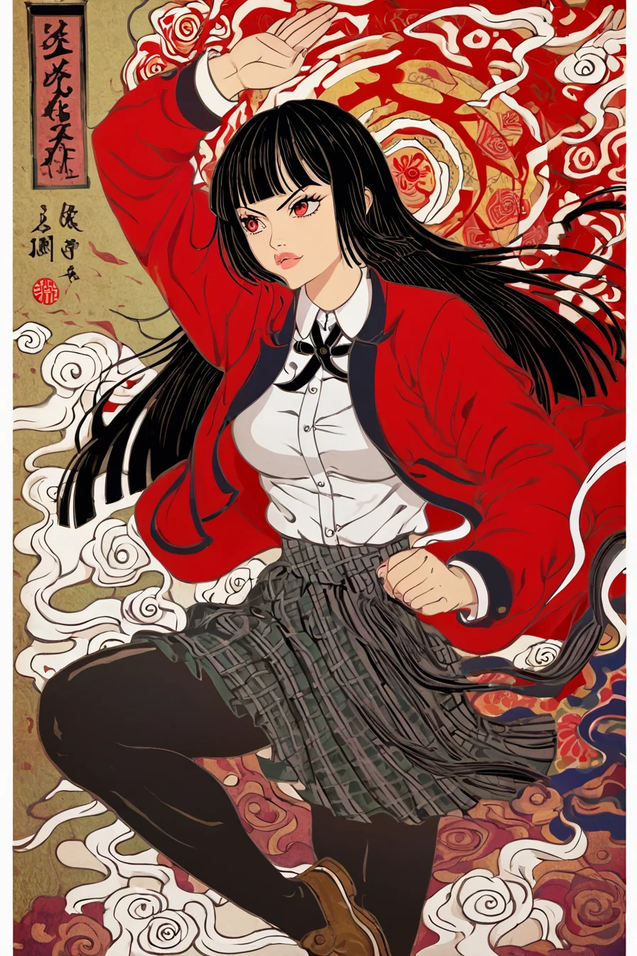 score_9, score_8_up, score_7_up, score_6_up, score_5_up, score_4_up, <lora:kakegurui_jabami_ponyXL:0.8> ,jabami yumeko, hime cut, red eyes, school uniform, red jacket, long sleeves, white shirt, black ribbon, black skirt, plaid skirt, black pantyhose, <lora:traditional_Japanese_art:1>, traditional japanese art, 1girl, solo, alone, fighting stance, masterpiece, highres