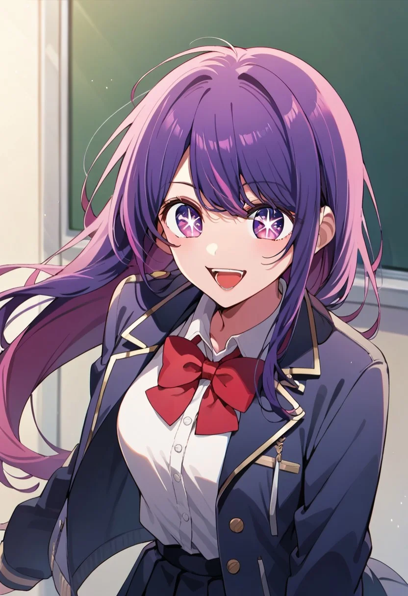 score_9, score_8_up, score_7_up, source_anime,hoshino ai, purple eyes, purple hair, star-shaped pupils, symbol-shaped pupils, long hair,1girl, solo, long hair, school uniform, bow, smile, open mouth, jacket, shirt, red bow, white shirt, pink hair, bowtie