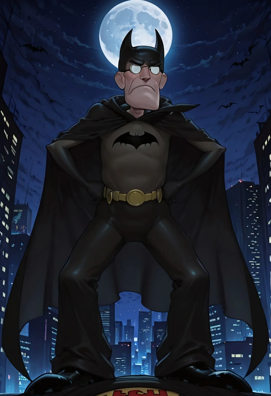 masterpiece, high quality, highest detail, solo, 1boy, Eustace, Bagge, glasses, grumpy expression, batman costume, black cape, batman mask, night, moon, standing on top of skyscraper, bat signal in the sky,