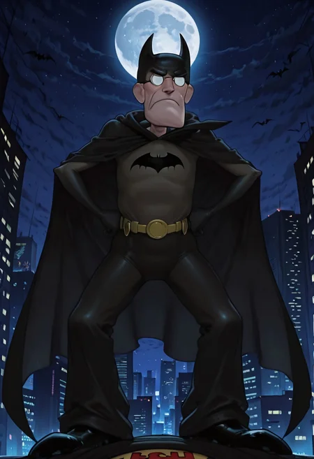 masterpiece, high quality, highest detail, solo, 1boy, Eustace, Bagge, glasses, grumpy expression, batman costume, black cape, batman mask, night, moon, standing on top of skyscraper, bat signal in the sky,