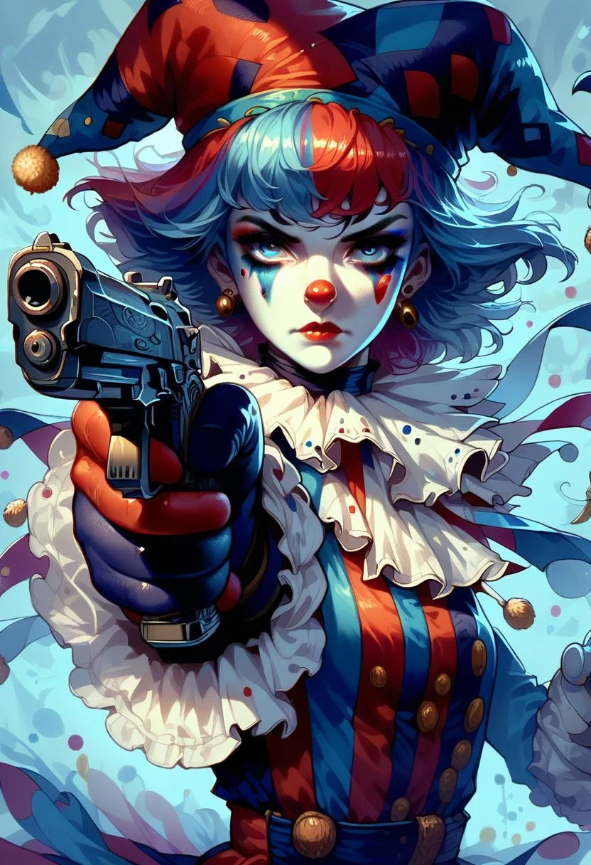 score_9, score_8_up, score_7_up, score_6_up, posmach, 1girl, c1rcus, clown, multicolored hair, thighhighs, gloves, makeup, striped, jester cap, c1rcusstyl3, holding pistol, aiming pistol against the camera,