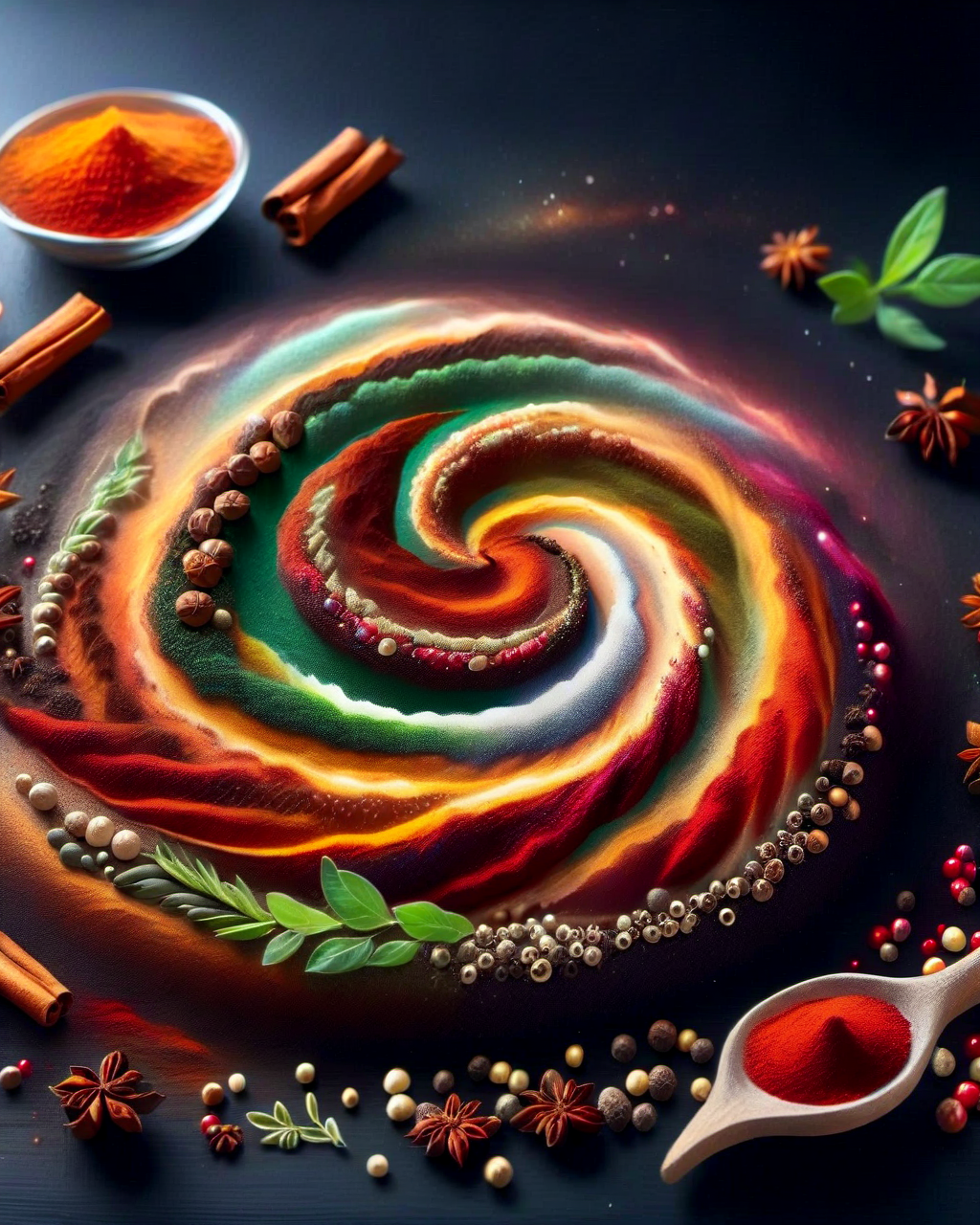 Herbs_Morf, a spiral galaxy made of herbs cinnamon spices seeds, on top of a table, realistic, 4k, masterpiece