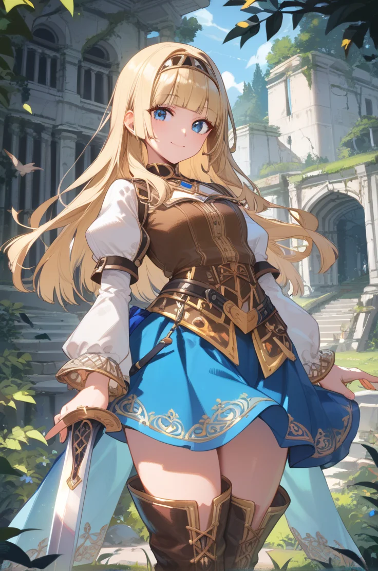 score_9, score_8_up, score_7_up, source_anime,
forest, ruins,
cowboy shot, smile,
sheath, holding sword,
<lora:aliciavp2_autismConfetti_v01:0.9>aliciaVP2, blonde hair, long hair, blunt bangs, hairband, brown vest, puffy sleeves, long sleeves, thigh boots, waist cape, blue eyes, blue skirt, zPDXL