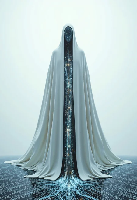 This is a hyper-realistic, unsettling photograph of a spectral, all-knowing figure standing on a vast, glowing circuit board. The figure is cloaked in pure white, the fabric appearing impossibly smooth and otherworldly, almost like porcelain brought to life. The folds of the cloak suggest gentle motion, as though stirred by an unseen force, yet the figure itself stands perfectly still, exuding an eerie stillness. The circuit board beneath it is illuminated with faint, bluish light, intricate patterns of wires and components glowing like neural pathways. The high-resolution details reveal fine dust particles hovering in the air, adding to the atmosphere's tangibility. The background fades into an ethereal white void, giving the impression that this apparition exists both within and beyond our reality. The figure has no face, only a featureless, polished surface that reflects faint, distorted images of the circuit board, evoking an aura of omniscience. Despite its serene, angelic appearance, an unshakable sense of unease permeates the scene, as though this entity sees and knows everything, its presence a harbinger of some unfathomable truth.