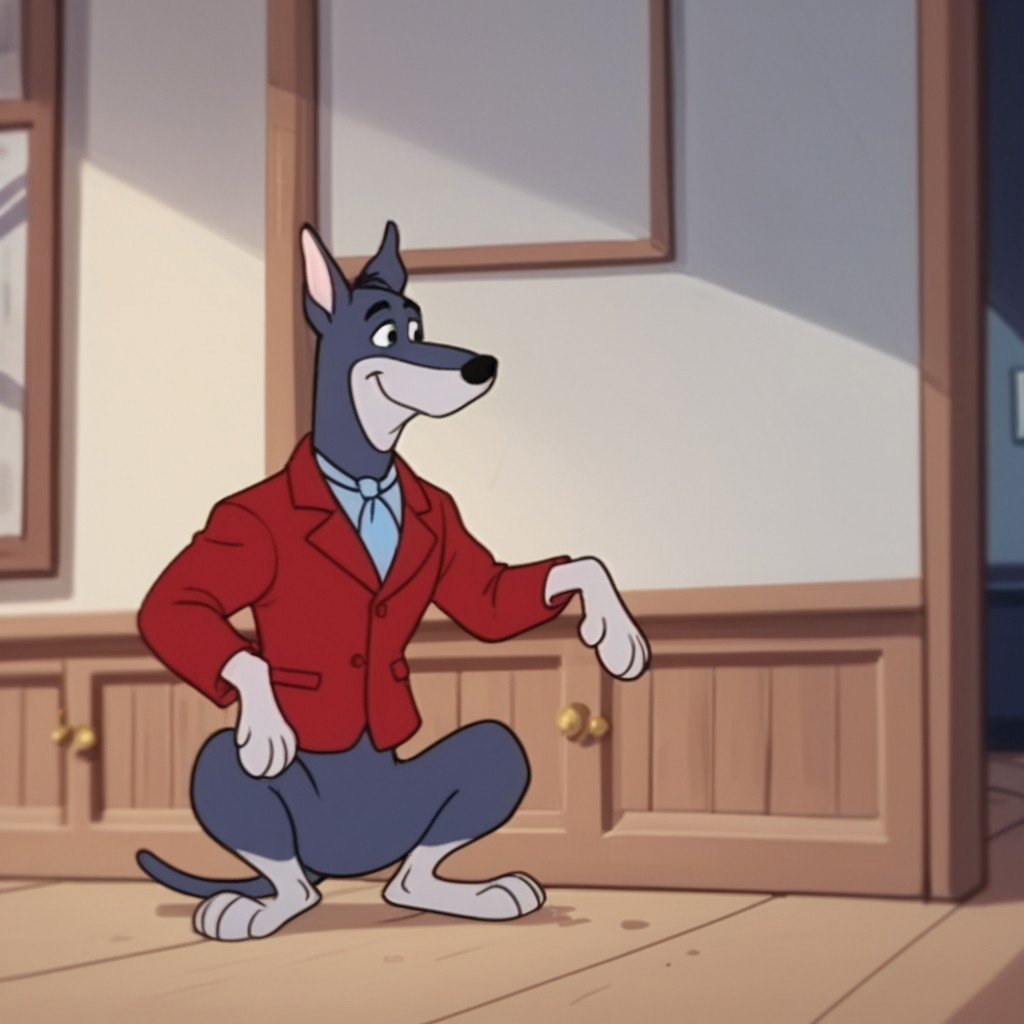 score_9, score_8_up, score_7_up, score_6_up, score_5_up, score_4_up, source_furry, dynomuttHB, semi-anthro, male, Doberman, dog, Blue-gray fur, black eyes, red jacket, inside, squatting,