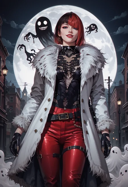 (score_9, score_8_up), score_7_up, <lora:PonyAnn4W:1> Ann4W, 1girl, fur coat, pants, belt, gloves, seductive smile, dark corridor, moon, horror, street, ghosts,