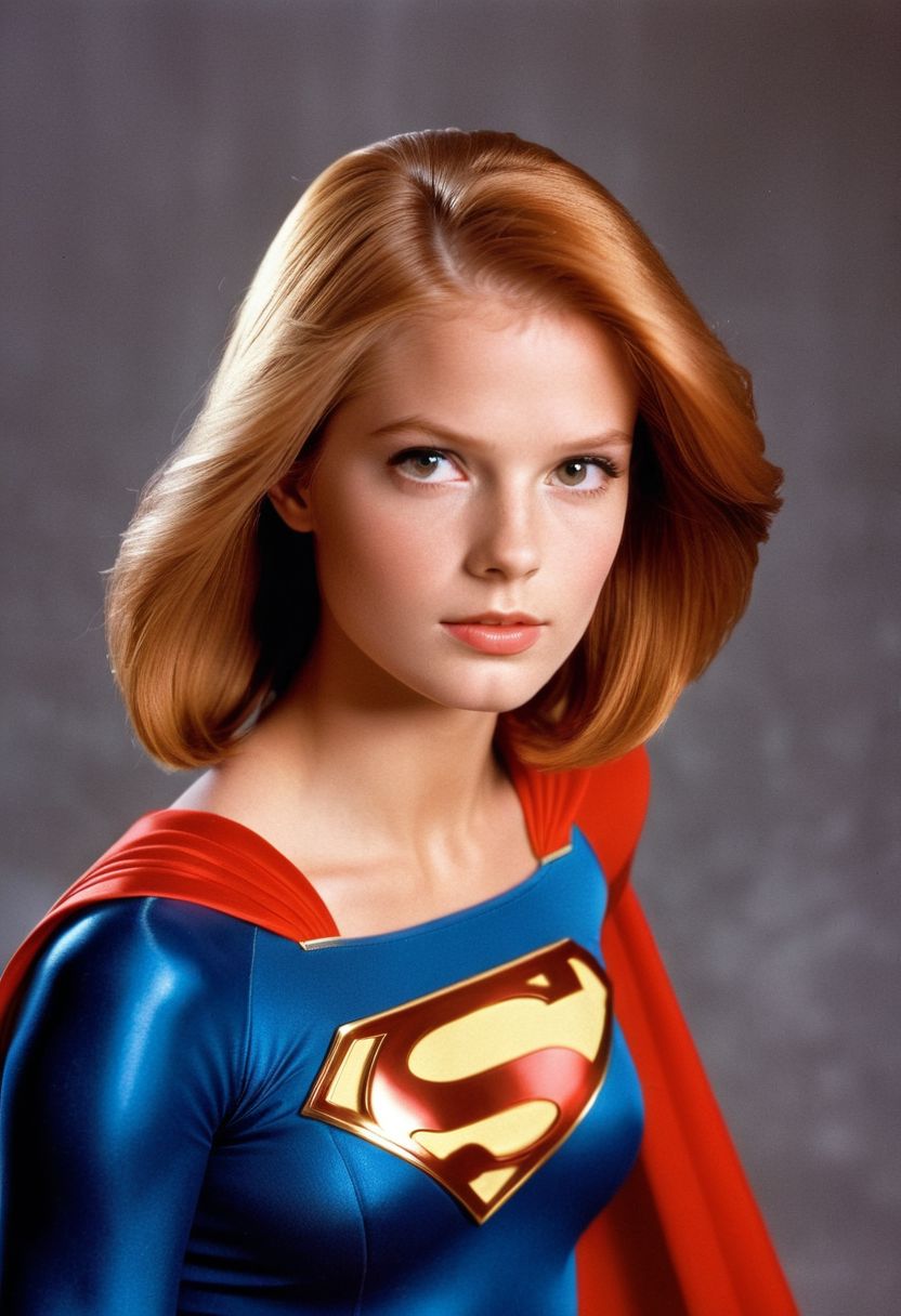 1980s Supergirl film costume, youthful ginger-haired Supergirl, facing forward, shiny voluminous smooth straight side-parting short bob haircut, dark-brown eyes, Supergirl film 1980s, ultra-realistic photo, Hyperdetailed photography, sharp focus